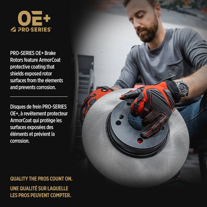 A person wearing gloves holding a brake rotor with text describing the features of the C30385 ProSeries OE+ Brake Rotor, Rear.