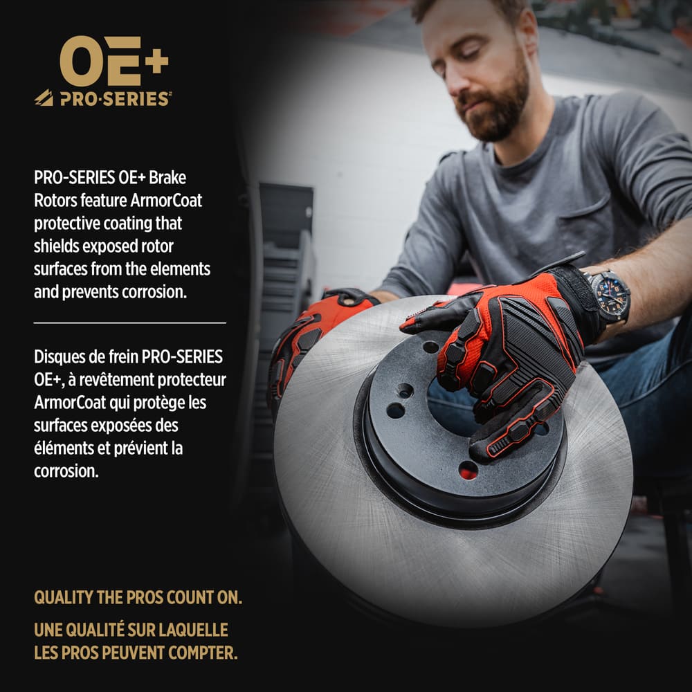 A man in gloves holding a brake rotor; text describing the C30330 ProSeries OE+ Brake Rotor, Front and its advanced protective coating.
