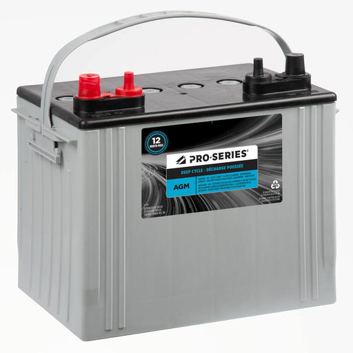 A gray 8A24M Pro-Series AGM Group 24 Marine Battery with a handle and red and black terminals.