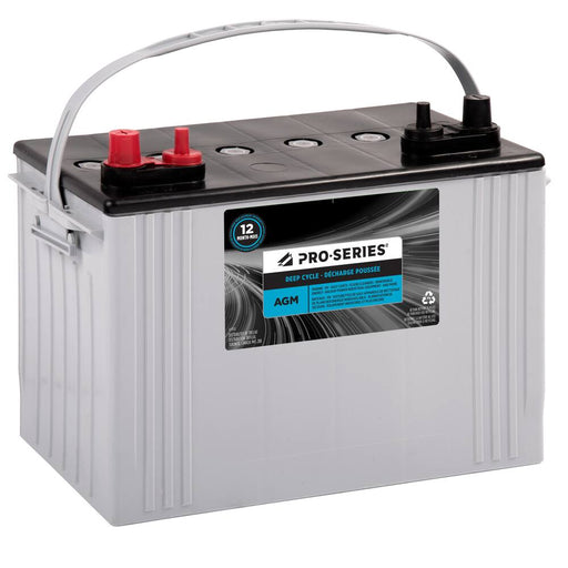 A white 8A27M Pro-Series AGM Group 27 marine deep cycle battery with a handle on top.