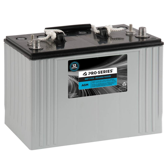 A gray 8A31DTM Pro-Series AGM Group 31 Deep Cycle Battery with a black top and handles, featuring a label and terminal posts.